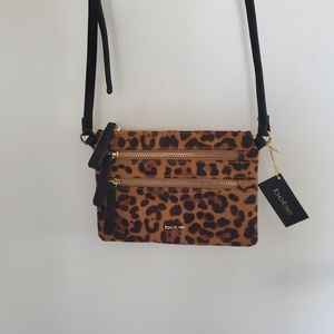 New Bebe Leopard Faux Fur Crossbody Handbag with Interior Zipper and Top Zipper